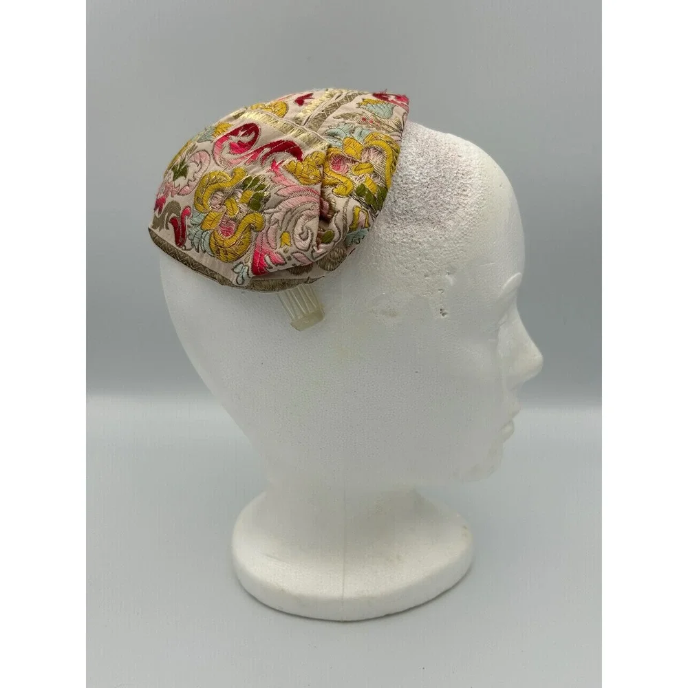 Vintage Jo Bailey Hats Embroidered Floral Pillbox Fascinator Gold Metallic Pink